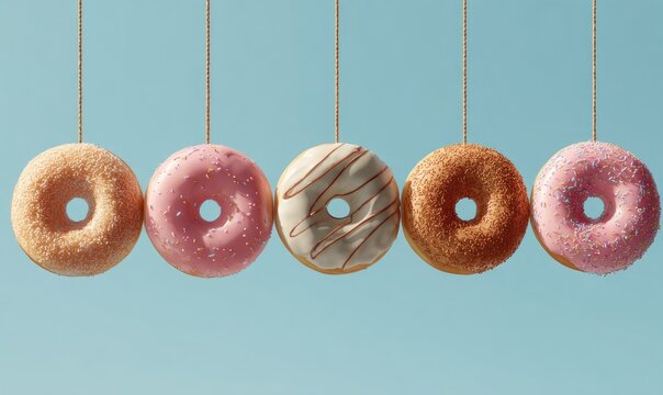 Colorful donuts hanging by strings against a pastel blue sky