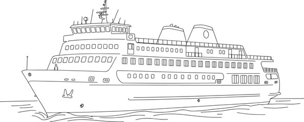 Fototapeta premium Cruise ship line drawing, ocean travel illustration, maritime transportation sketch, modern passenger ferry, detailed nautical vessel outline for design