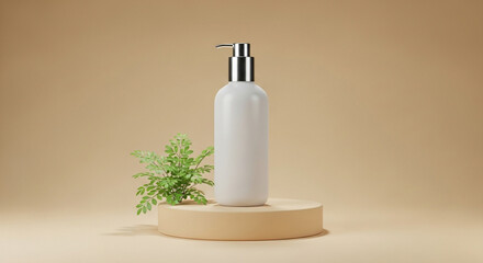 Minimal background for branding and product presentation. Cosmetic bottle on podium with green plant on beige background. 3d rendering illustration