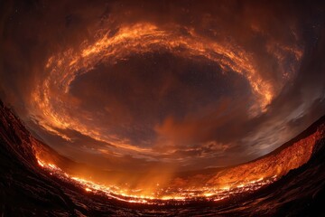 Fiery ring of lava at night,  stars, clouds