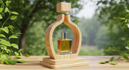  Wooden product bottle parfume display podium with blurred nature  background. 3D rendering