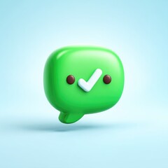 3D rendered, lime-green speech bubble with a white checkmark and brown eyes.  Light blue background.  Playful, cartoonish style