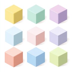 Nine pastel-colored cubes in an isometric view, arranged in a 3x3 grid.  
