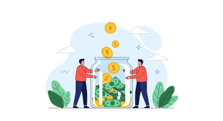 Two people putting coins and banknotes into a large glass jar for saving money and financial growth illustration