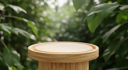 Wooden product display podium with blurred nature leaves background. 3D rendering