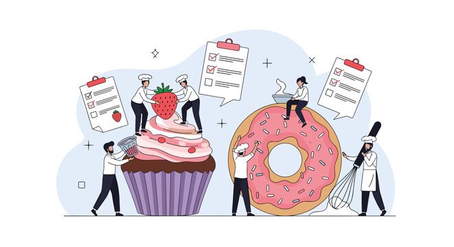 Team of chefs decorating a giant cupcake and donut for a baking competition event