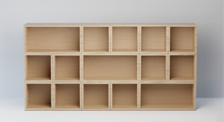 Natural wood cabinet with mixed size compartments - light timber modular shelf system for flexible storage solutions. Scandinavian style organizer unit for books, decor or office supplies display.