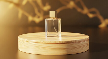  Wooden product bottle parfume display podium with blurred gold nature  background. 3D rendering