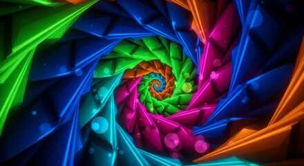 A vibrant, kaleidoscopic spiral of geometric shapes in a rainbow of colors, creating a mesmerizing, abstract vortex effect with glowing highlights.