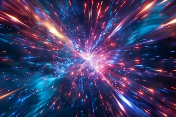 Neon burst light particles radiating from core in motion freeze