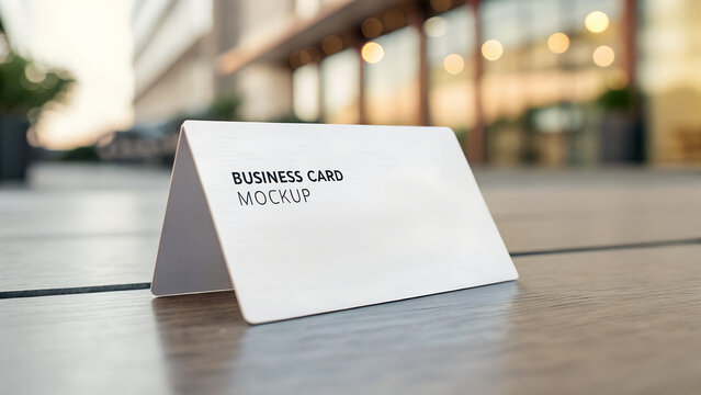 Business card mockup displayed on wooden table outdoors  