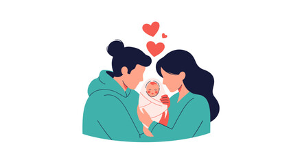 A loving family embraces their new baby surrounded by hearts and warmth
