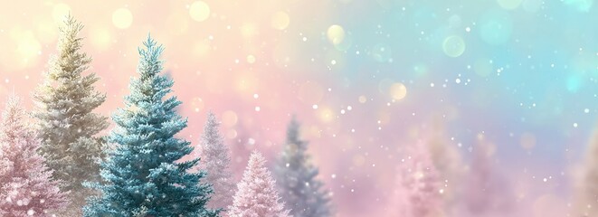Winter wonderland scene with snow-covered evergreen trees against a soft pastel backdrop of pink and blue, featuring bokeh light effects