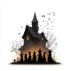 Halloween spooky silhouettes of witches standing near a haunted house burning a bonfire with bats flying around the trees 