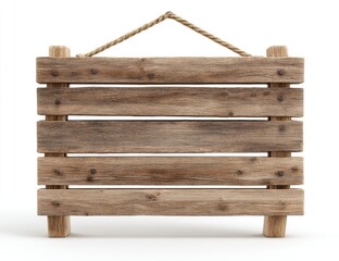 A weathered wooden sign, hanging by a rope, on a white background