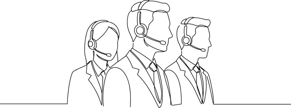 Customer service team with headsets line drawing, professional call center support agents illustration, technical assistance crew, minimal outline vector for communication, teamwork, business help - Powered by Adobe