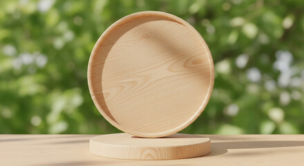 Wooden product display podium with blurred nature leaves background. 3D rendering