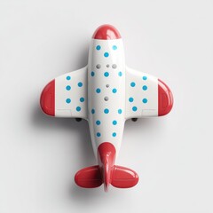 A red and white toy airplane, top-down view. 