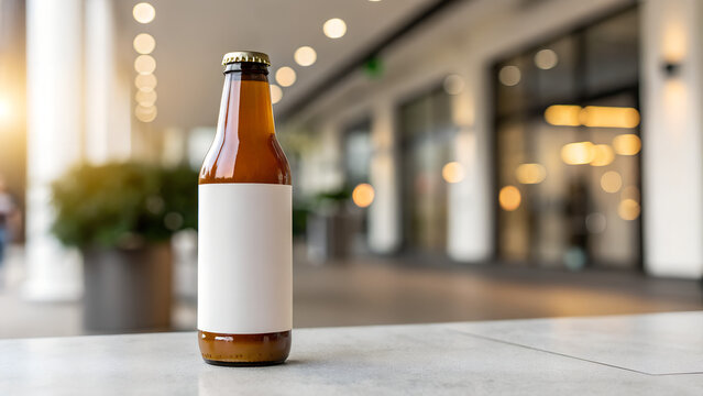Amber beer bottle with blank label on table in modern cafe - Powered by Adobe