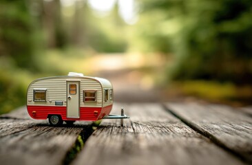 Miniature vintage camper sits on weathered wooden planks in a forest