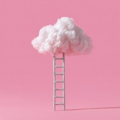 A fluffy white cloud atop a small ladder against a bright pink background