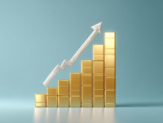 Gold bar graph with upward white arrow.  A 3D rendered graphic of gold blocks forming a rising bar chart, with a white arrow pointing upwards.  Pale blue background