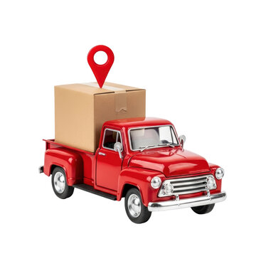 A miniature red pickup truck carries a brown cardboard box with a red location pin, illustrating concepts of delivery, shipping, and package tracking for e commerce.