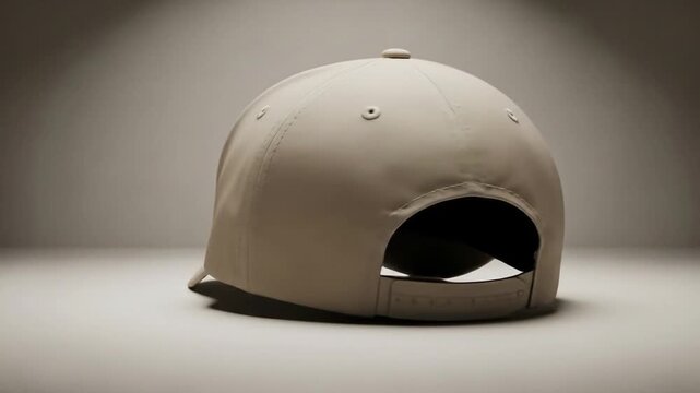 Rear view of a plain beige snapback baseball cap. Isolated blank headwear mockup for custom logo and apparel branding design.