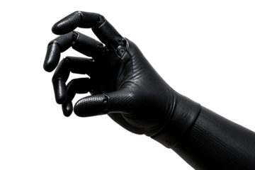 A black robotic hand reaching forward, showcasing intricate designs and textures.