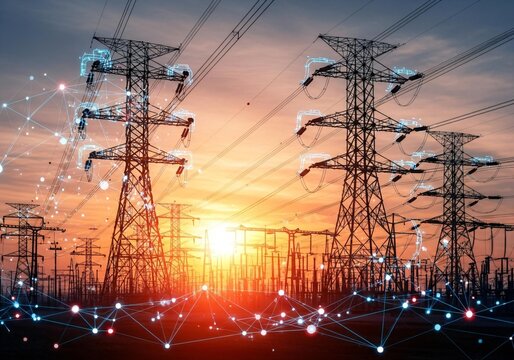 Power grid connecting future energy at golden sunset