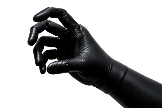 A black robotic hand reaching forward, showcasing intricate designs and textures.