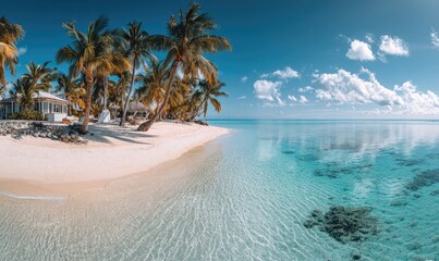 Fototapeta premium Pristine tropical beach with palm trees and white bungalows