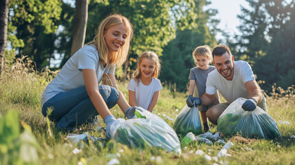 Fototapeta premium Family cleaning park and collecting trash