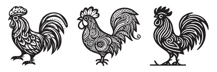  Set of Ornate black rooster silhouette vector art design.