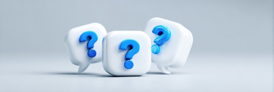 Three white speech bubbles with blue question marks