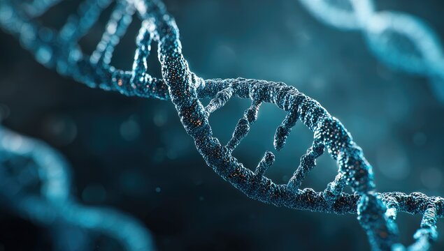 Close-up of a DNA double helix, dark blue tones, intricate structure