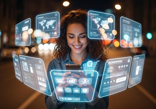 Woman shops online using modern interface on phone