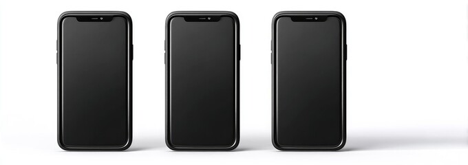 Three black smartphones with blank screens, arranged horizontally