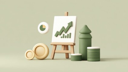 A minimalist 3D scene of growth and progress. A white canvas easel displays a green upward trend graph.  Beige and green geometric shapes are arranged around the easel.  Soft lighting and muted colors