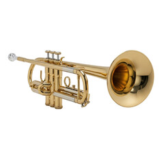 Obraz premium A gleaming brass trumpet with silver details, a classic wind instrument used in orchestras, jazz bands, and various musical performances.