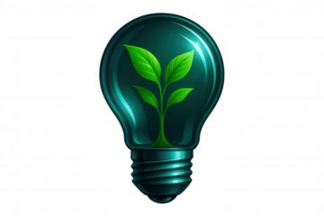 Green plant is growing inside light bulb on a transparent background, symbolizing eco-friendly energy and environmental conservation