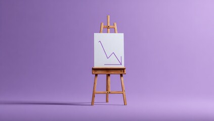 A small wooden easel holds a white sheet of paper displaying a downward-trending graph in purple