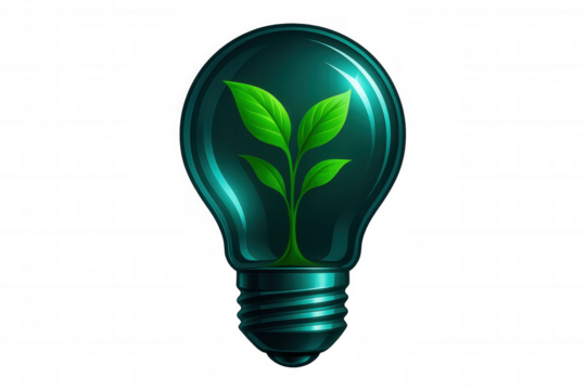 Green plant is growing inside light bulb on a transparent background, symbolizing eco-friendly energy and environmental conservation