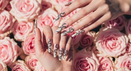 Fototapeta premium Elegant hands display ornate long nails over bed of pink roses