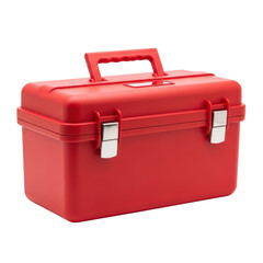 A vibrant red plastic toolbox featuring sturdy metal latches and a comfortable handle, ideal for organizing and carrying various tools or supplies.