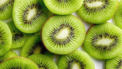 Close-up of many sliced kiwi fruits, vibrant green, circular cross-sections, arranged densely, displaying a pattern of small, dark seeds in the center of each slice