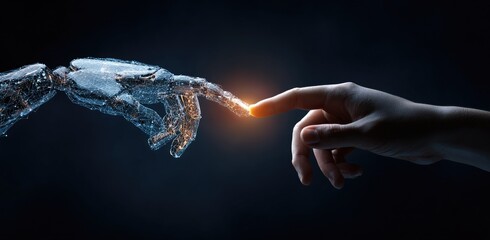 A translucent robotic hand reaches out to touch a human hand, symbolizing the connection between technology and humanity.  A flash of light glows between the fingertips
