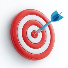 A red and white dartboard with a blue dart precisely hitting the bullseye