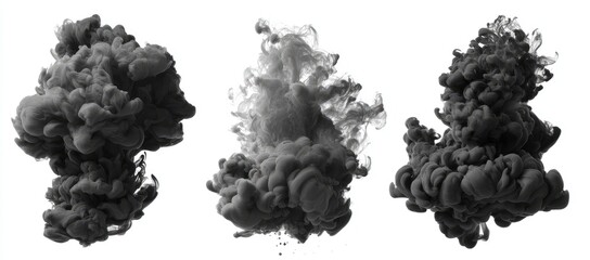 Three grayscale ink drops in various stages of diffusion