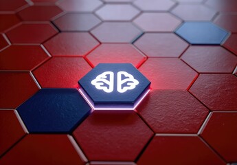 A glowing brain icon set on a honeycomb pattern of red and dark blue hexagons